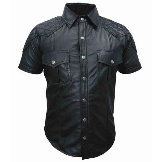 Camisa de hombre de piel de cordero auténtica negra, estilo militar de policía, acolchada