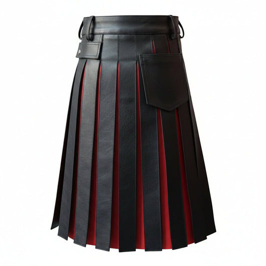 Kilt utilitario gladiador plisado de cuero auténtico negro y rojo para hombre con envoltura de bolsillo plano delantero
