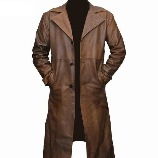 Abrigo largo de cuero genuino gabardina impermeable para hombre, estilo envejecido