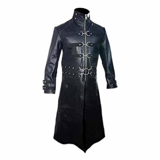 Abrigo Largo de Piel Auténtica Negra para Hombre Gótico Matrix Steampunk Gótico Van Helsing T21