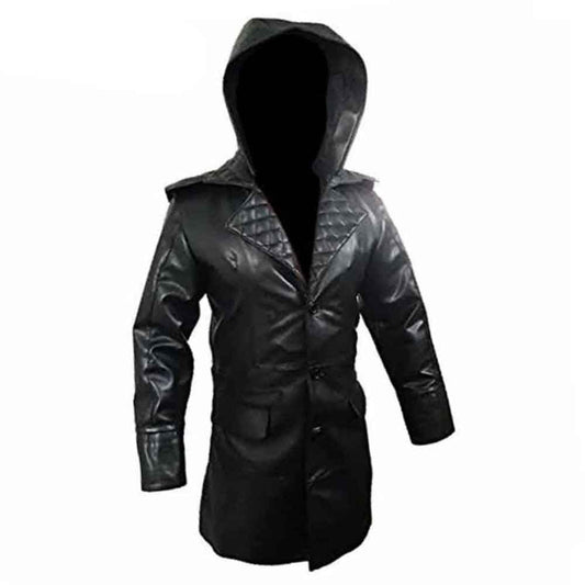 Front view of a men's black real cowhide leather Matrix gothic trench coat featuring diamond quilted lapels, front button closure, and a leather hood.