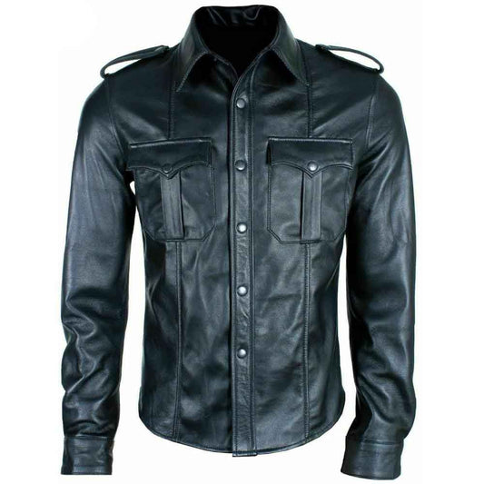 Black leather military-style shirt jacket with shoulder epaulets, button front, and two chest flap pockets, shown on a plain white background.