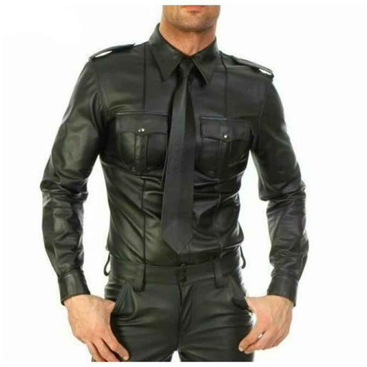 CAMISA GAY DE HOMBRE DE CUERO AUTÉNTICO NEGRO ESTILO MILITAR POLICIAL BLUF MANGA LARGA