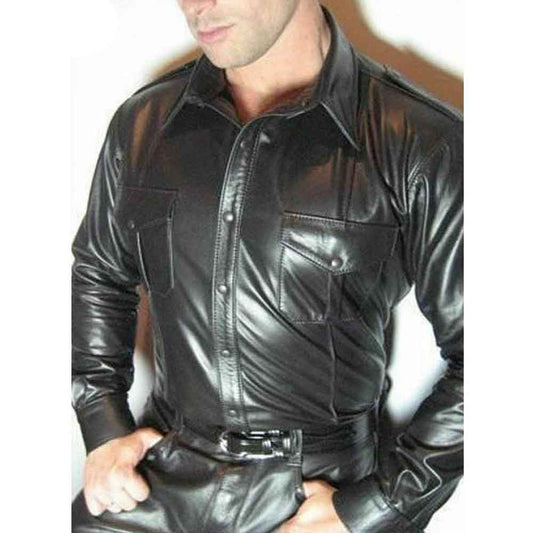 Camisa de uniforme policial de cuero genuino de vaca para hombre de manga larga BLUF