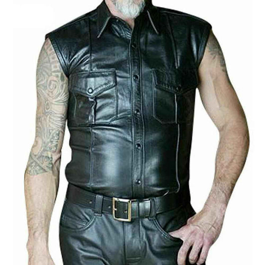 Camisa de manga corta de uniforme de policía de cuero genuino vacuno para hombre EN 3 COLORES con ribetes