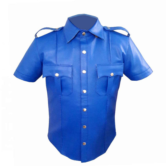 Camisa de cuero auténtico azul estilo policía militar para hombre BLUF Todas las tallas