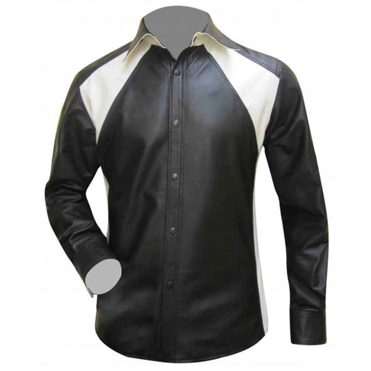 Camisa de piel auténtica de napa de oveja de manga larga BLUF a medida con diseño bicolor en blanco y negro para hombre