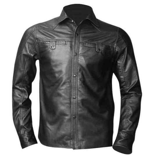 Camisa BLUF de cuero genuino napa de oveja negra de manga larga para hombre con dos bolsillos de solapa