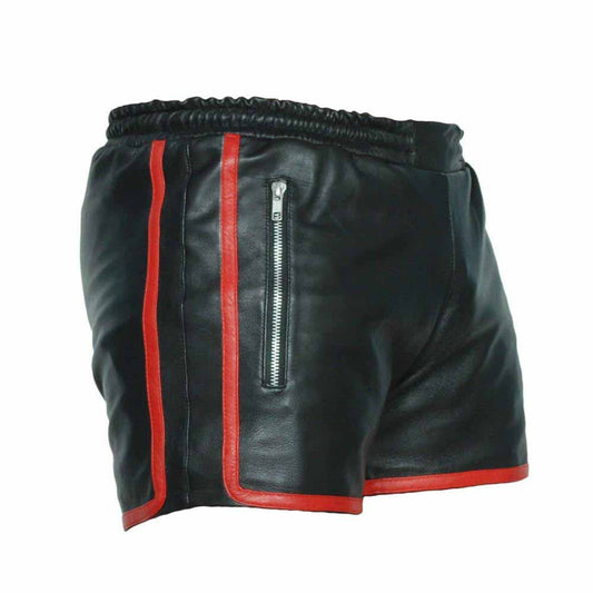 Pantalones cortos de cuero vacuno auténtico para hombre, negros y rojos, estilo clubwear