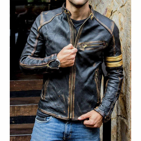 Chaqueta de cuero genuino para hombre estilo motociclista café racer vintage, de cuero auténtico, negra, desgastada