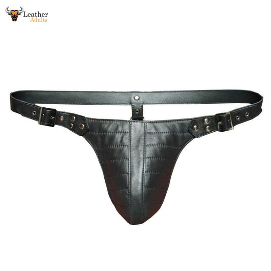 A black leather jockstrap with a central pouch and decorative stitching, featuring a adjustable waistband with metal buckle closure.