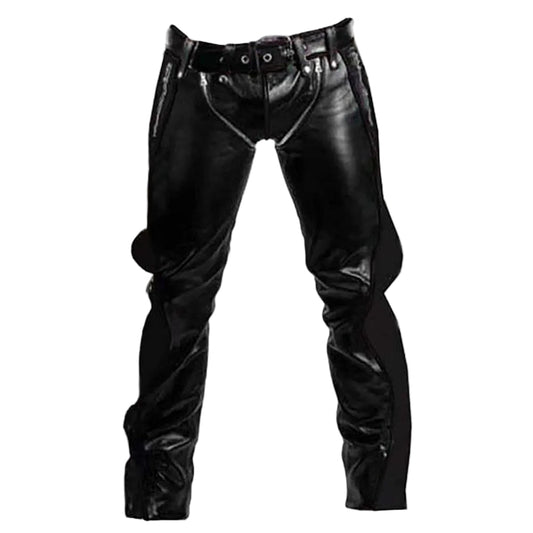 A pair of men's black cowhide leather bondage jeans with belt loops, side zipper pockets, and a front closure with press studs and two parallel zippers.