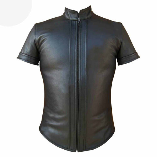 Camisa BLUF Gay Negra de Cuero Auténtico con Cierre Frontal de Cremallera Ajustada para Motorista TODAS LAS TALLAS