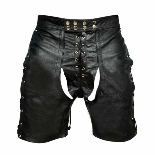 Pantalones cortos tipo chaps para hombre, 100% cuero genuino, estilo discoteca