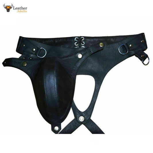 A black leather jockstrap with a central pouch and adjustable straps, featuring metal rings and rivets.