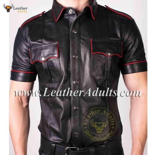 Mens Real Lambs Leather Police Style red piping Black Bikers Shirt