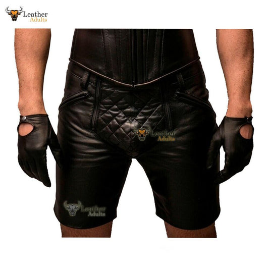 Mens Real Cow Leather Black Clubwear Shorts with Full Front to Rear Zip