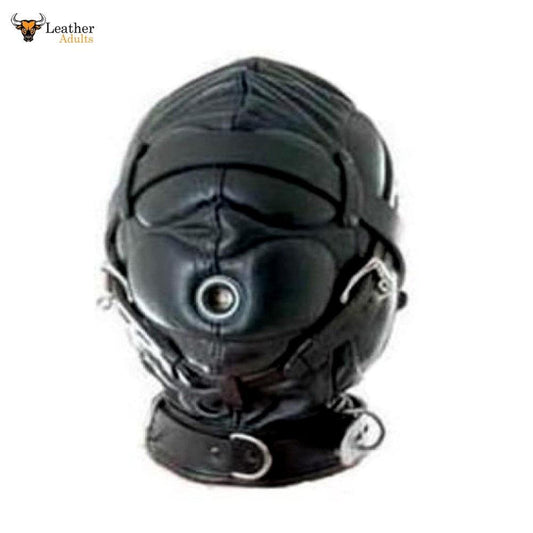 A black leather gimp mask with padded sections for the eyes, mouth, and ears. It includes straps with locking buckles, a full collar with a D-ring, and a rear lace with a leather hair guard.