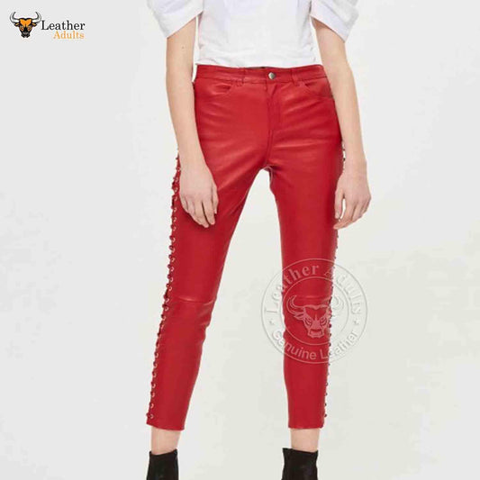Women’s Red Real Leather Laces Up Slim Fit Sexy Side Laces Up Pants Skinny Trousers