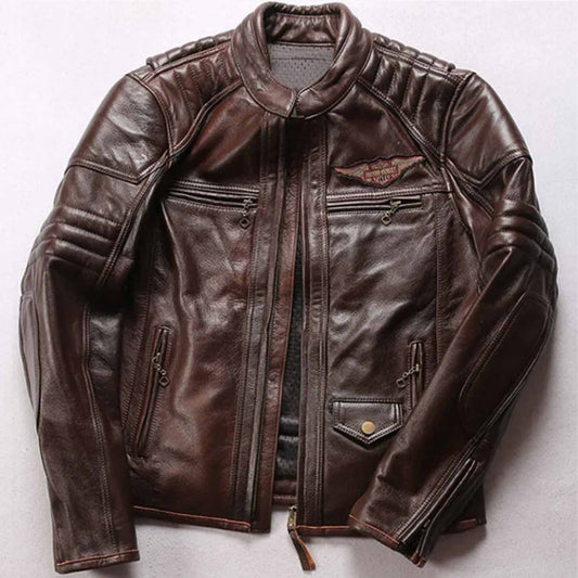 HD Brown Motorcycle Triple Vent Detonator Distressed Leather Jacket