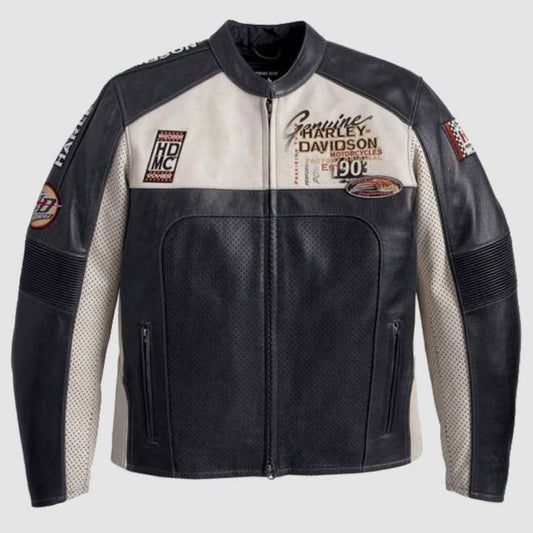 Harley Davidson Men White Regulator Perforated Black Leather Jacket