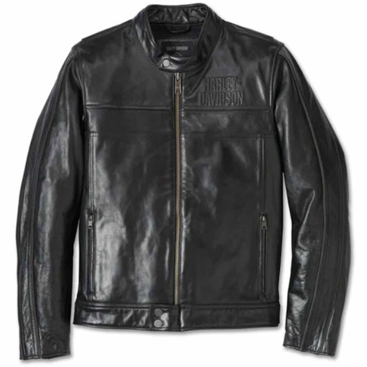 Men's Harley-Davidson leather jacket in black with a standing collar, zippered front, and zippered cuffs.