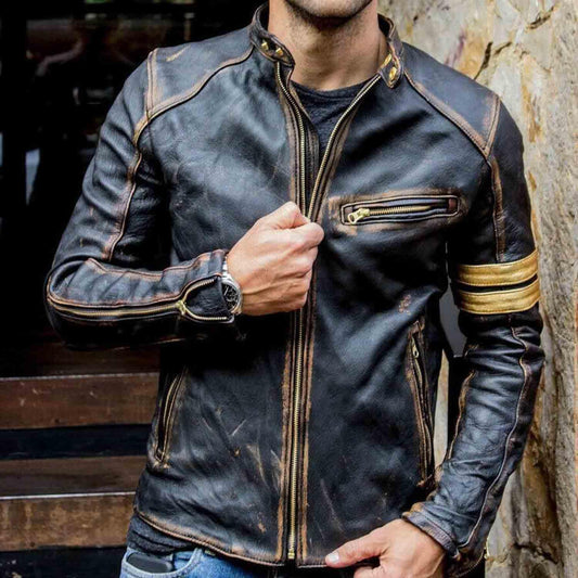 Mens Real Leather Biker Cafe Racer Vintage Motorcycle Distressed Black Genuine Leather Jacket