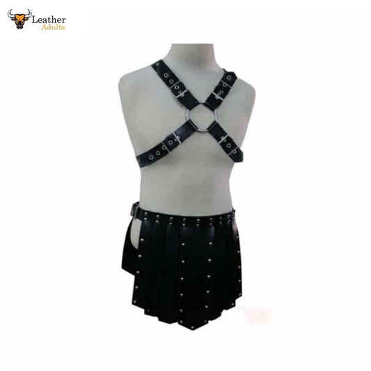 Mens Black Leather Heavy Duty Gladiator Warrior Armour Kilt Set - K4