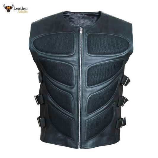 Mens Black Leather Biker Style Waistcoat Vest Most Sizes VEST 19