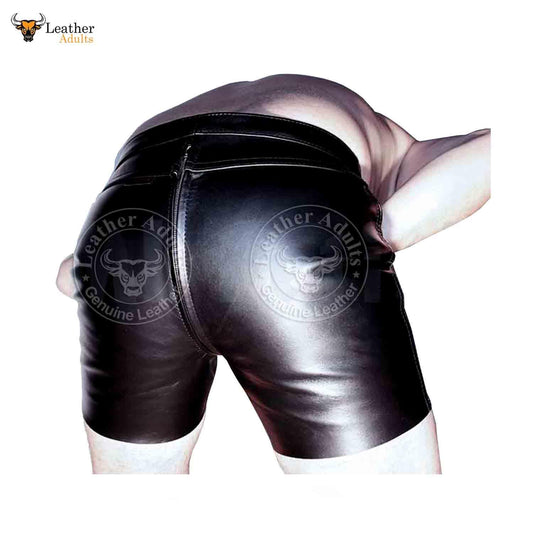 MENS REAL COWHIDE LEATHER BLACK REAR ZIP Clubwear Gay Shorts