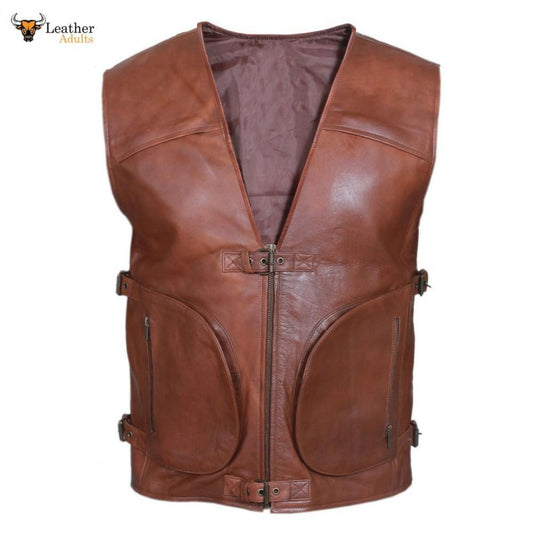 Brown Mens Real Leather Gilet Biker Cut Waistcoat Vest Most Sizes VEST