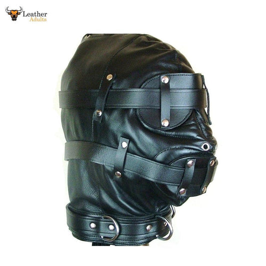 A black leather bondage hood with eye and mouth cover, featuring heavy duty straps and nickel plated hardware.