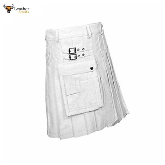 Mens WHITE Cowhide Leather Gladiator Pleated Kilt – K5 – WHT