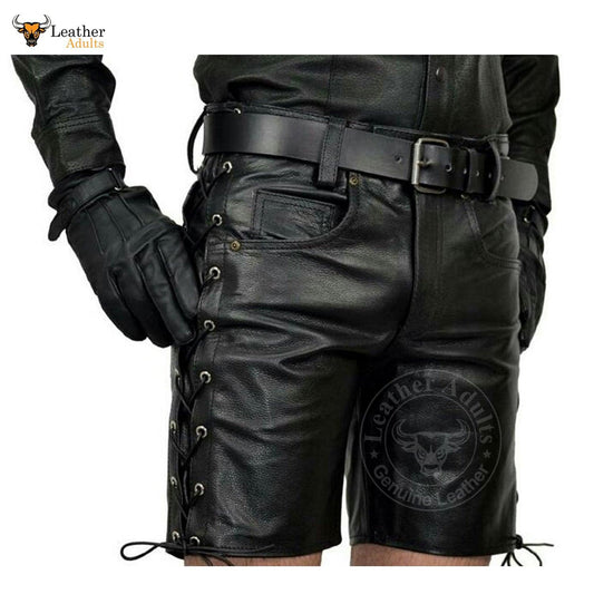 Mens Handmade Black Genuine Leather Shorts Side Laces Shorts Party Wear Shorts