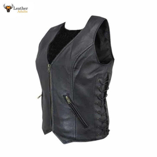 Ladies Soft Leather Waistcoat Vest With Detailed Side Lacing Biker Style Vest W3