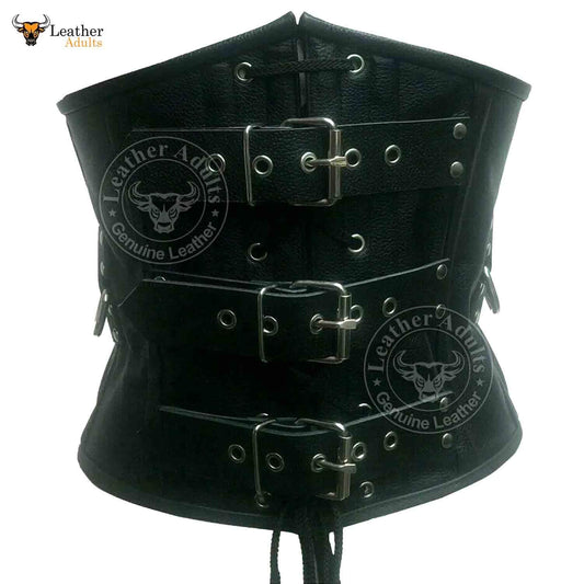 Heavy Cowhide Leather Male Corset Steel Boned Rear Laced Unisex Bondage Girdle Cincher