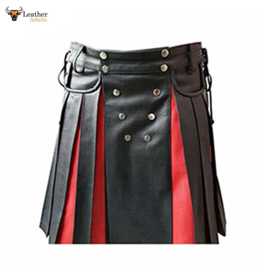 Mens Black and Red Real Leather Gladiator Pleated Utility Kilt Flat Front Pocket Wrap