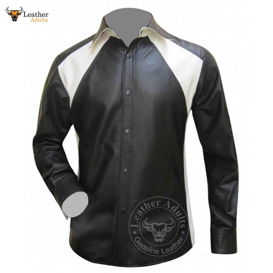 Men's Real Sheep Nappa Leather Full Sleeve BLUF Bespoke Tailored Shirt in Black and White Two Tone Design