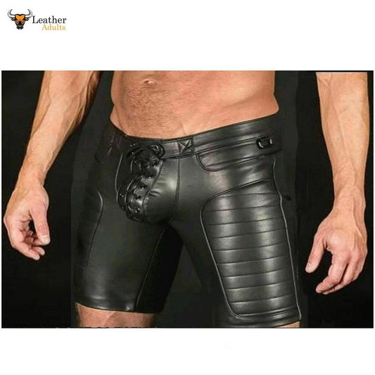 Mens Black Real Leather Foot Ball Rugby 3D Shorts Leather Sports Shorts