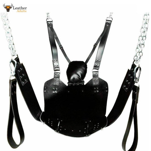 A black leather sling/swing with silver studs and rivets, featuring multiple straps and metal chains for bondage play.