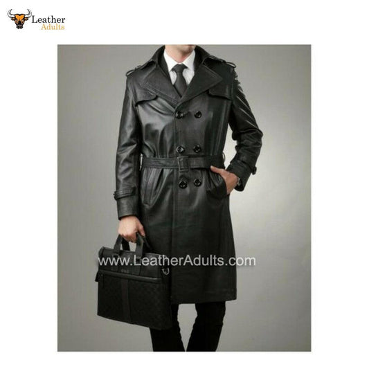 A man wearing a black real leather trench coat with a belt, overcoat, and carrying a black briefcase. The coat has a classic design with multiple buttons and a collar.