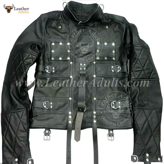 Chaqueta de fuerza de cuero genuino de vaca, resistente, para bondage BDSM, chaqueta restrictiva, chaqueta de brazos acolchada