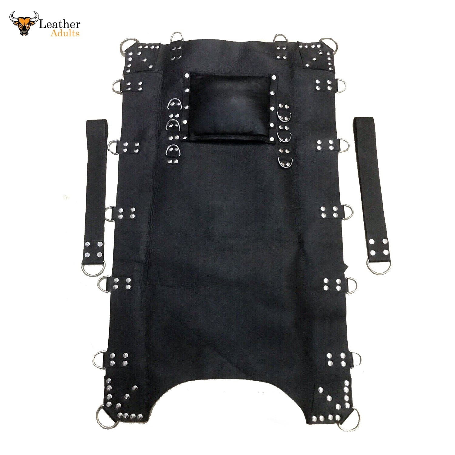 A black leather sling swing hammock with metal rivets and a leather pillow, designed for adult play.