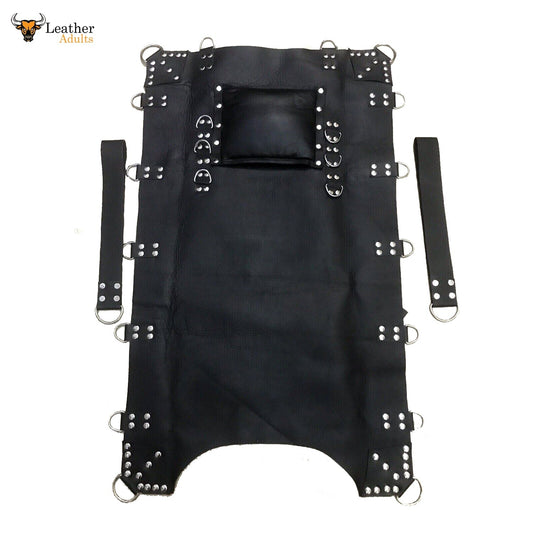 A black leather sling swing hammock with metal rivets and a leather pillow, designed for adult play.