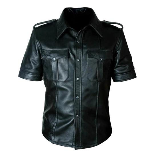 Camisa BLUFF de uniforme de policía de cuero de oveja auténtico para hombre, gay, manga corta