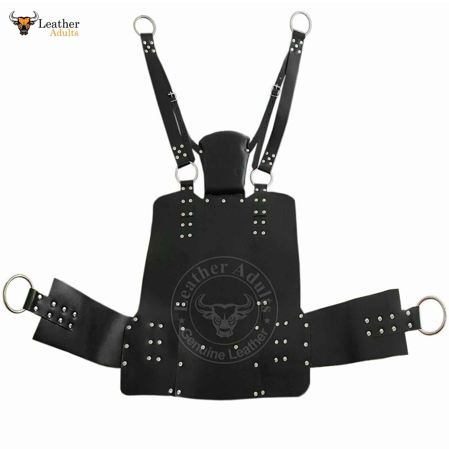A black leather heavy-duty sling with nickel-plated rivets and steel rings, designed for adult play and BDSM activities.