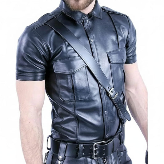 Camisa de cuero de cordero auténtico para hombre, estilo policía, color negro, Cuir Bluf Lederhemd Leder Shirt