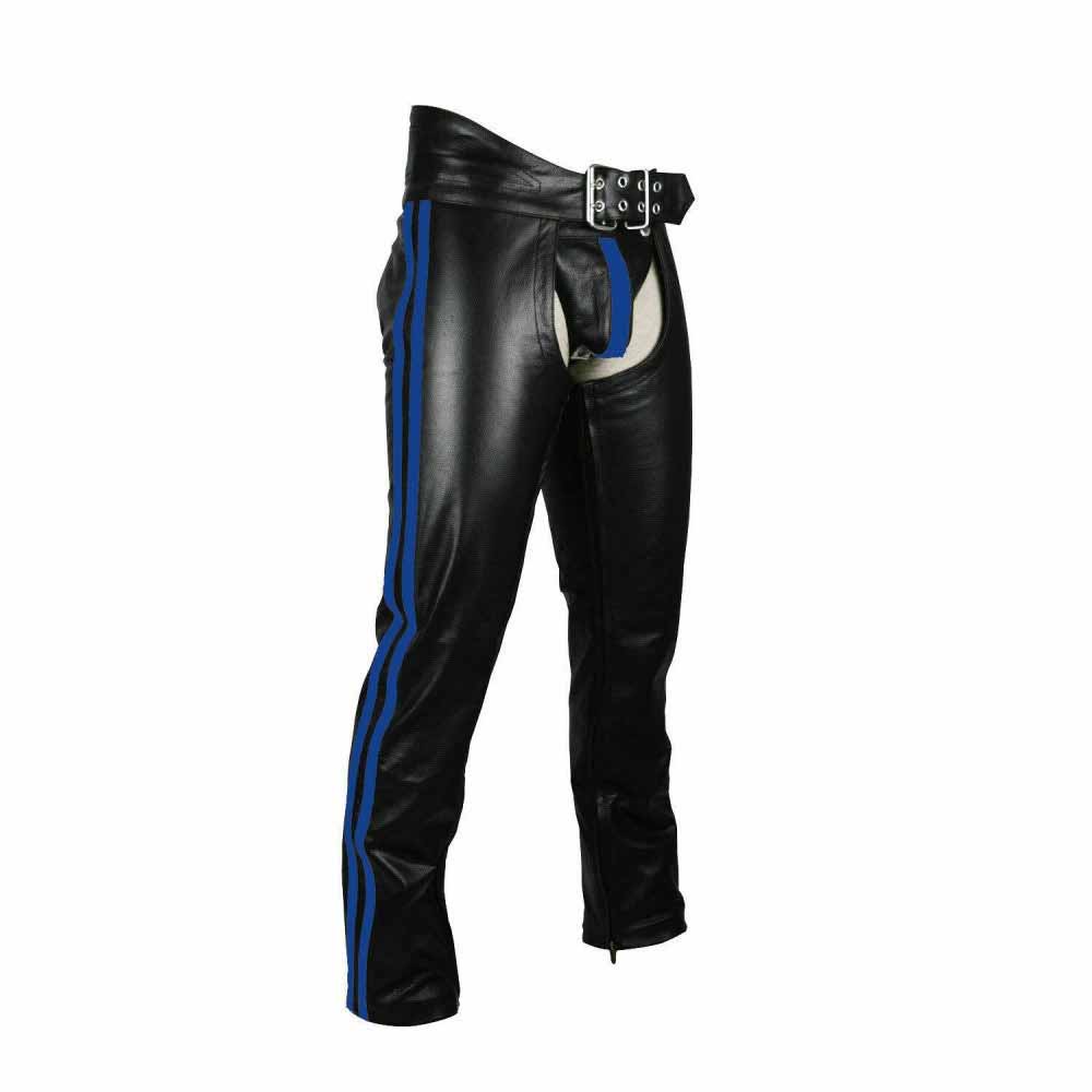 Capas de cuero para motociclistas reales para hombres, capas de cuero a rayas azules para homosexuales con suspensorio