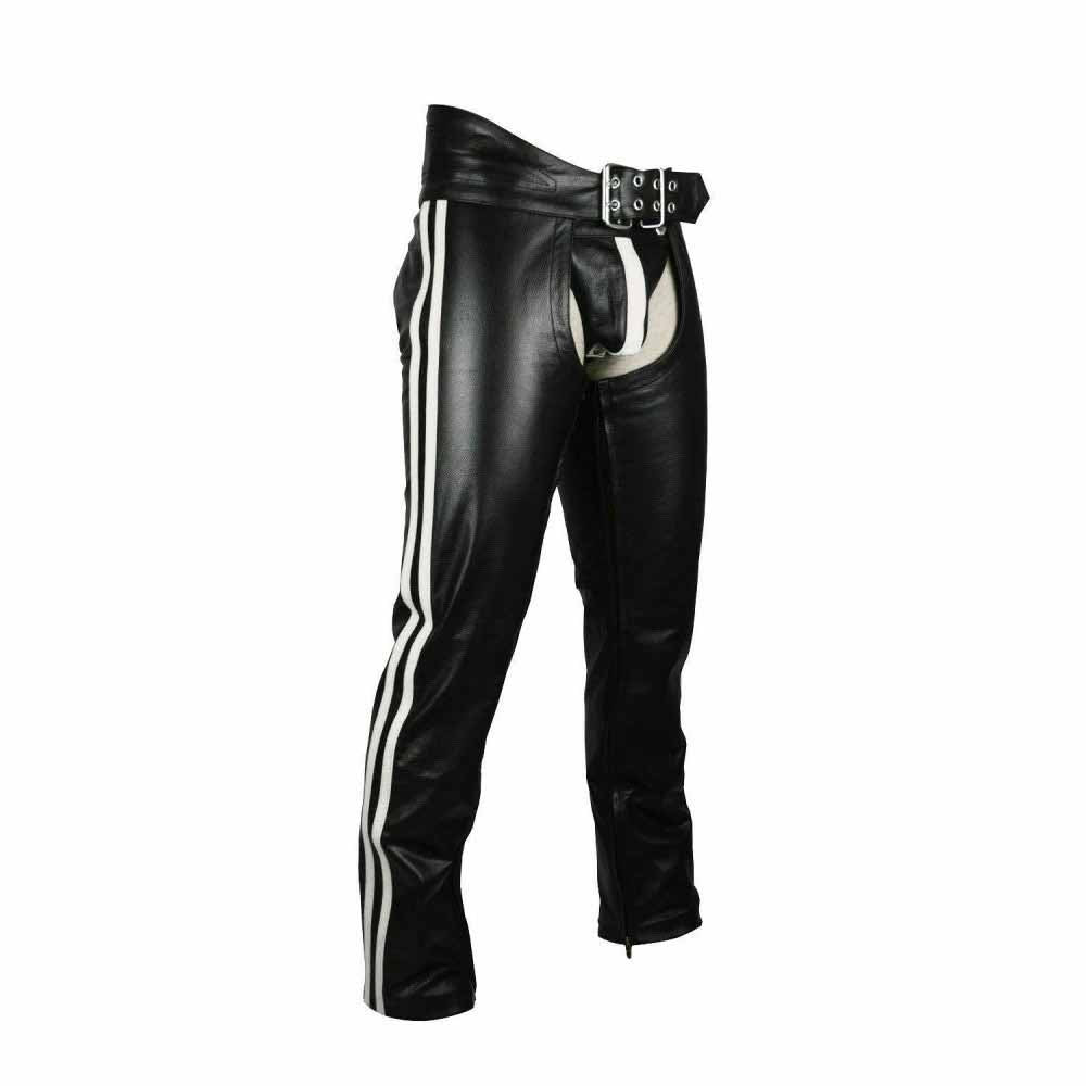 Polainas de motociclista para hombre de cuero, polainas de cuero con rayas blancas, polainas gay con suspensorio