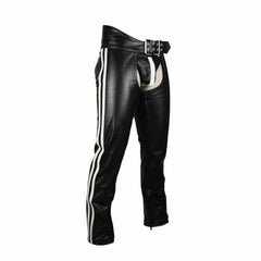 Polainas de motociclista para hombre de cuero, polainas de cuero con rayas blancas, polainas gay con suspensorio